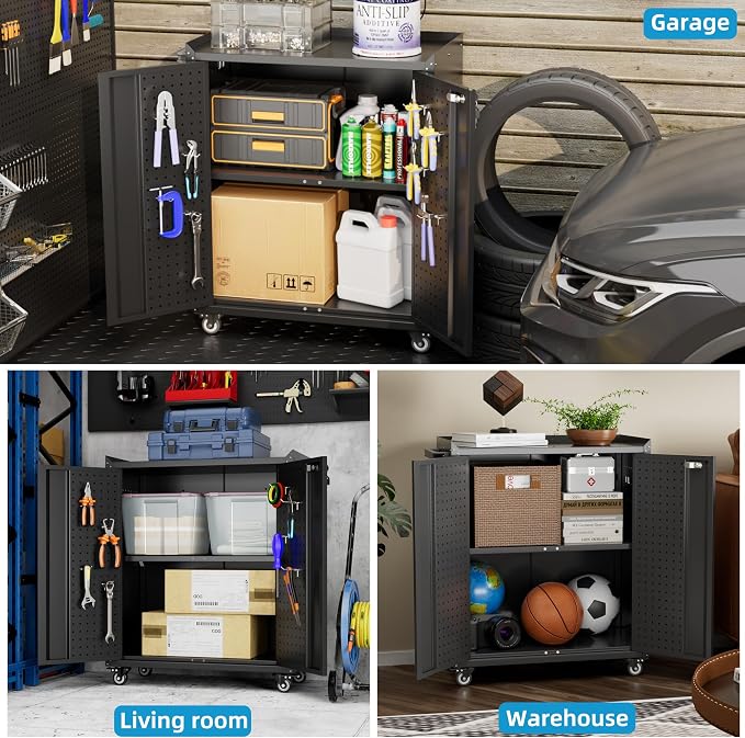 Garage Storage Cabinet with Wheels & Pegboard, 34.3" H Locking Metal Tool - Image 7