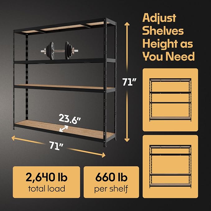 Storage Shelves: 4 Storage Shelves Heavy Duty w/ 2, 640 lb Total Load Capacity - Image 2