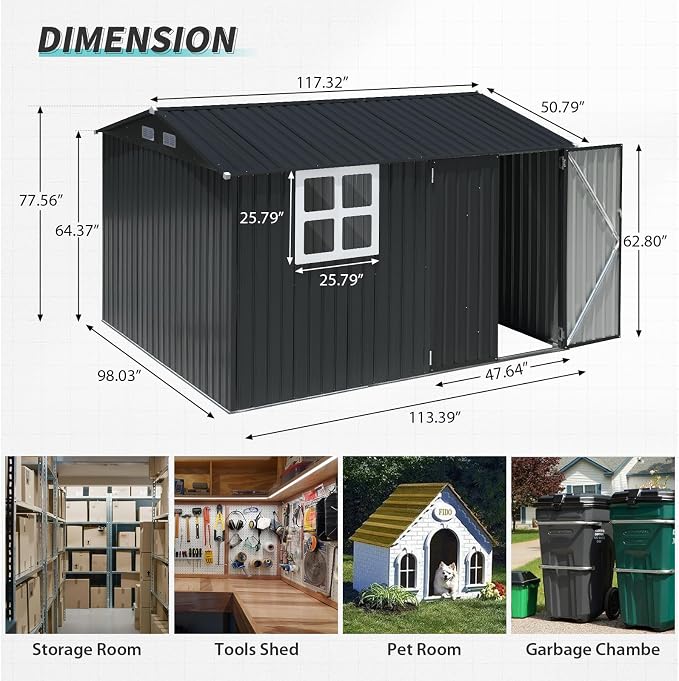 Verano Garden 10x8FT Outdoor Storage Shed, Large Galvanized Steel Metal Garden - Image 3