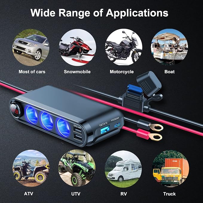 12V Cigarette Lighter Socket Splitter, 200W 3 Socket Multi Port Car Cigarette - Image 3