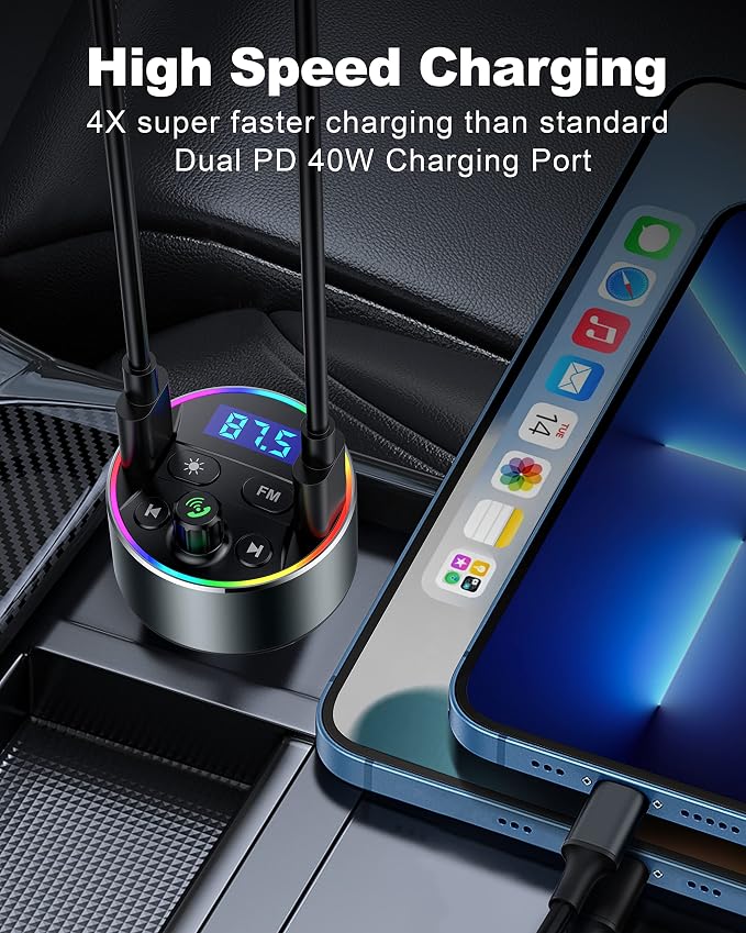 Dual PD 40W Type-C USB Car Charger Bluetooth Car Adapter Bluetooth 5.3 FM - Image 2