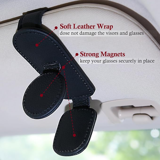 KIWEN Sunglasses Holder for Car Visor, Magnetic Leather Sunglass Eyeglass - Image 4
