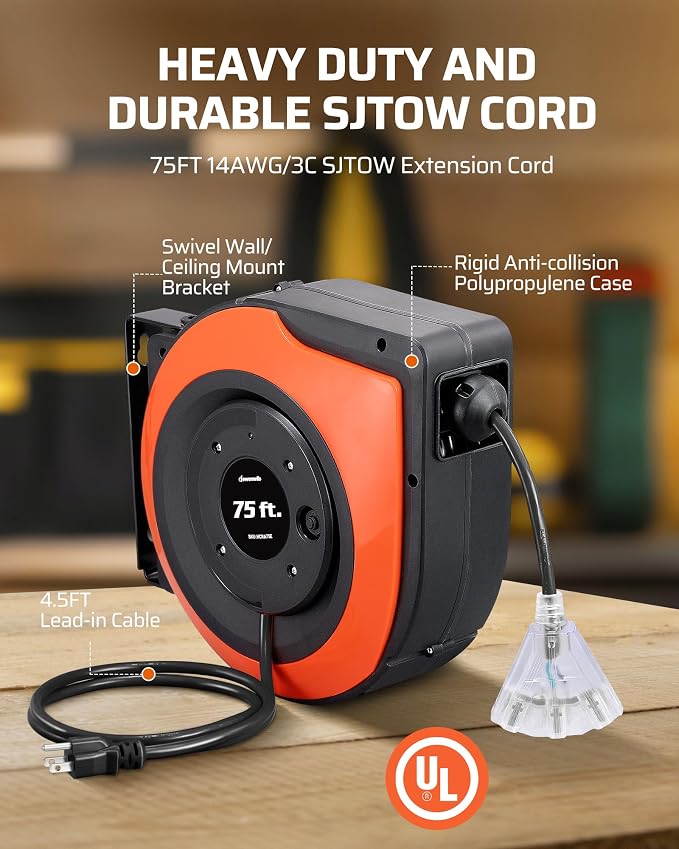 DEWENWILS Retractable Extension Cord Reel, 75 FT Heavy Duty Power Cord - Image 5