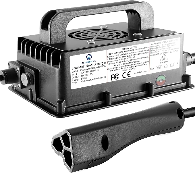 800W Lead Acid Battery Charger 48 Volt 15 AMP 3-Pin Triangular Plug EZGO RXV & by Eliumsync