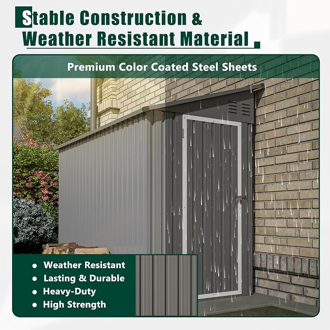 4x8 FT Outdoor Storage Shed, Lean to Metal Shed W/Floor Included, Garden - Image 7