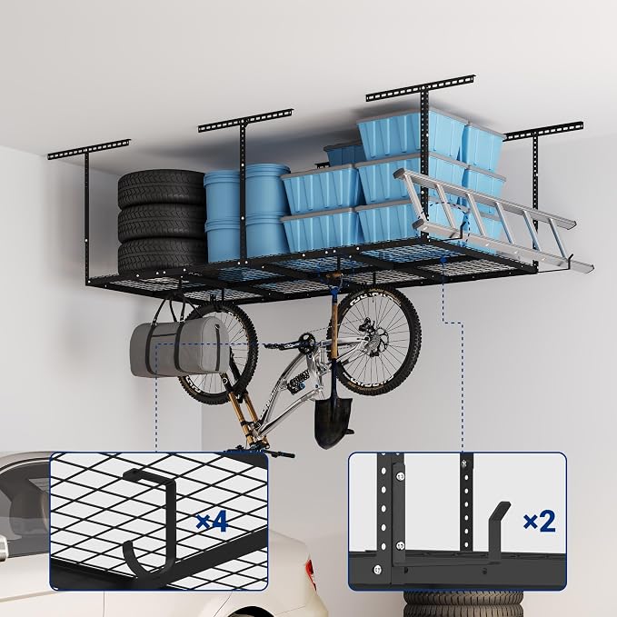 FLEXIMOUNTS 4x8 Overhead Metal Garage Storage Rack w/Hooks Adjustable Ceiling - Image 2