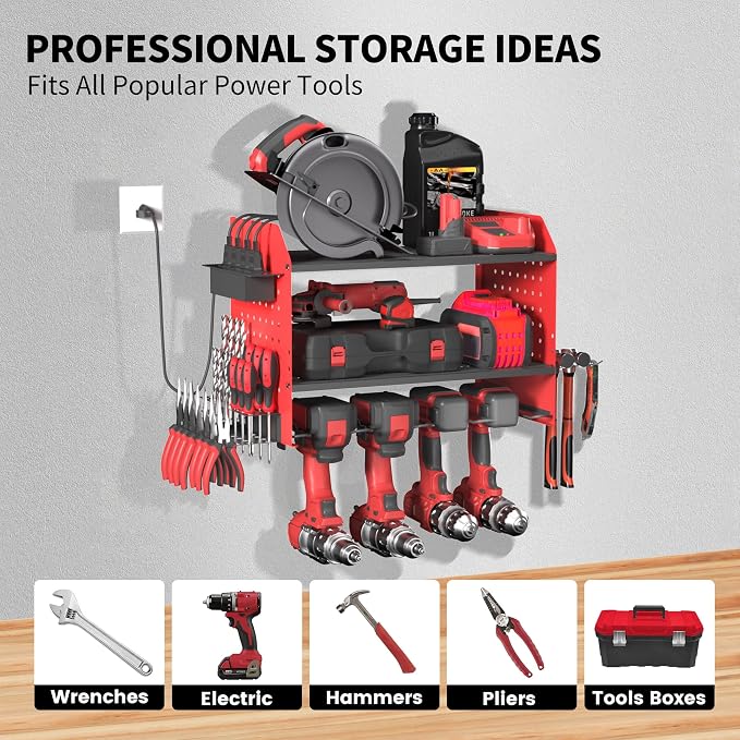 Power Tool Organizer Wall Mount – Adjustable Shelf, Side-Mounted 4-Outlet - Image 4