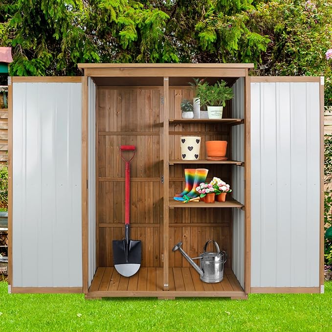 Outdoor Storage Cabinet Wood & Metal, Storage Shed Waterproof Double Lock - Image 8