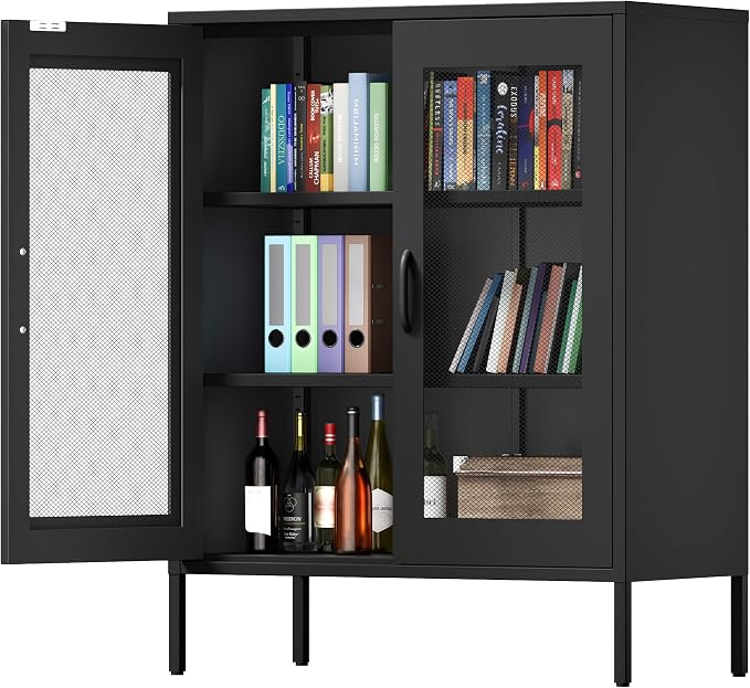 Metal Storage Cabinet with Mesh Doors and Shelves, 3-Tier Office Cabinet by Washsemba