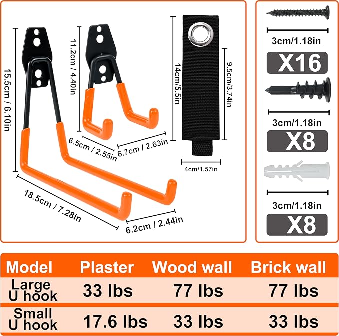 QUELIEN 4 Pack Garage Wall Hooks, 2 Large 7.5 in & 2 Small 2.5 in Heavy-Duty - Image 2