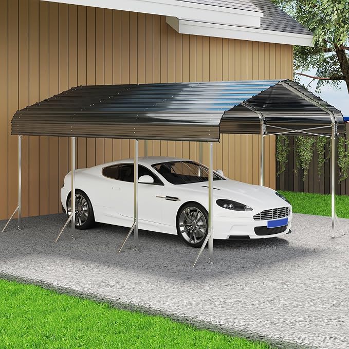 10x15ft Heavy Duty Metal Carport – Outdoor Galvanized Garage, Sturdy Structure by Unknown