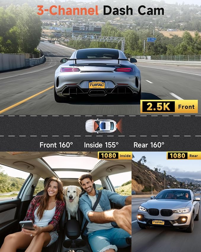 3 Channel Dash Cam, Dash Camera 2.5K Front and Dual 1080P Inside/Rear - Image 2