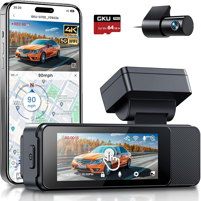 GKU Dash Cam Front and Rear, 3.18'' Touchscreen, 4K+1080P Dashcam, Built-in GPS by GKUdashcam