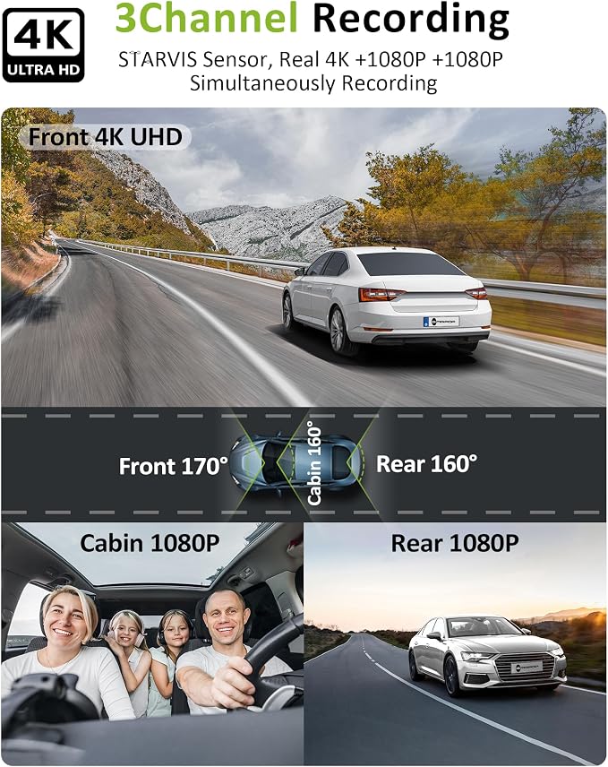 4K 3 Channel Dash Cam Front Rear Inside，STARVIS Sensor, 5GHz WiFi, 64GB Card - Image 3