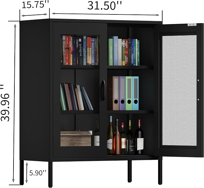 Metal Storage Cabinet with Mesh Doors and Shelves, 3-Tier Office Cabinet - Image 3