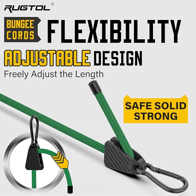 Bungee Cords with Hooks, 48 Inch Adjustable Green Bungee Cords with Carabiner - Image 2