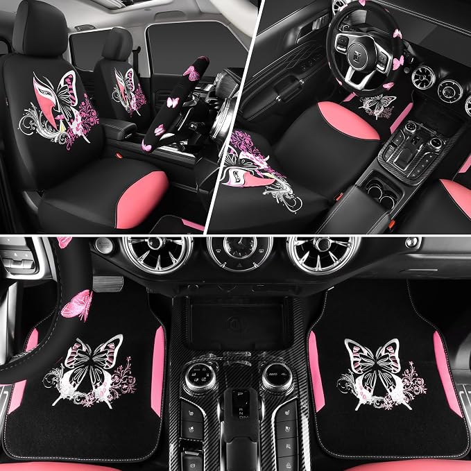 CAR PASS Pink Leather & Gaberdine Butterfly Car Seat Covers Full Set - Image 4