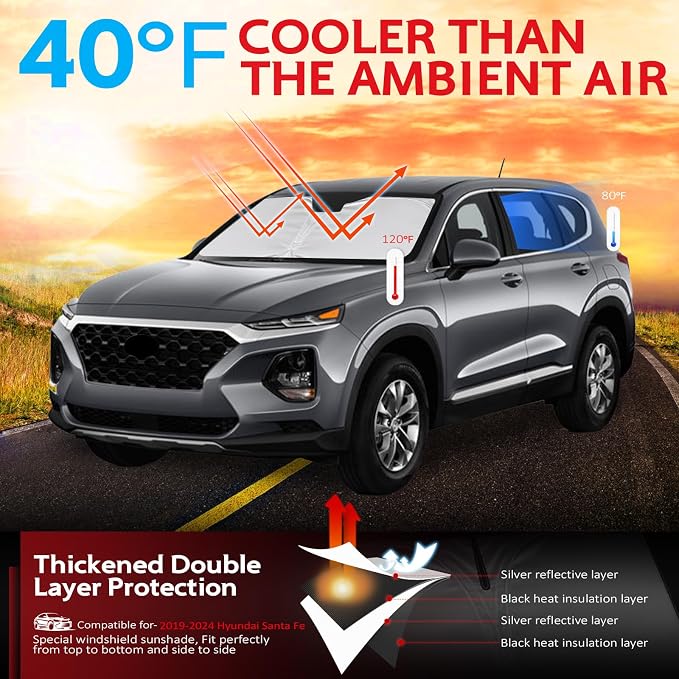 KAYZT Windshield Sun Shade for 2019-2025 2026 Hyun-dai Santa Fe Foldable - Image 2