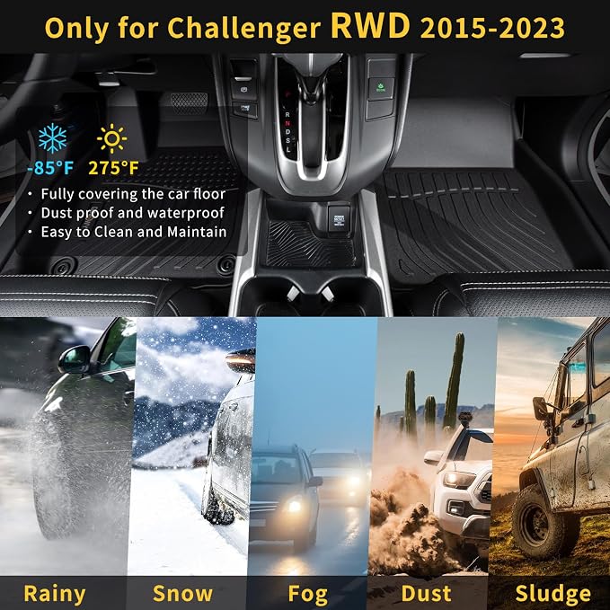 GINOWY-Floor Mats for Dodge Challenger RWD 2015-2023, TPE All Weather - Image 4