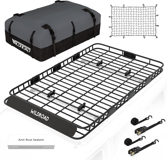 Wildroad Roof Rack Cargo Basket, Upgraded 4” Fence Wide Car Roof Basket Combo by WILDROAD