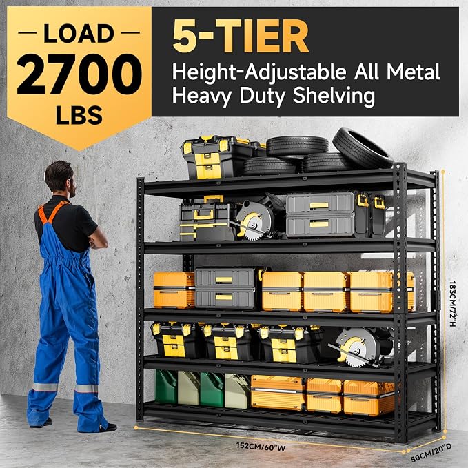 5-Tier 60" W X 20" D X 72" H Storage Shelves 2500LBS Metal Garage Shelving - Image 3
