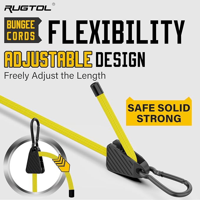 Bungee Cords with Hooks, 48 Inch Adjustable Yellow Bungee Cords with Carabiner - Image 2