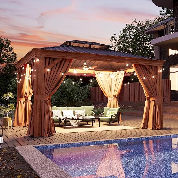 Aoxun 10' x 12' Hardtop Gazebo, Wooden Finish Coated Aluminum Frame Canopy - Image 2