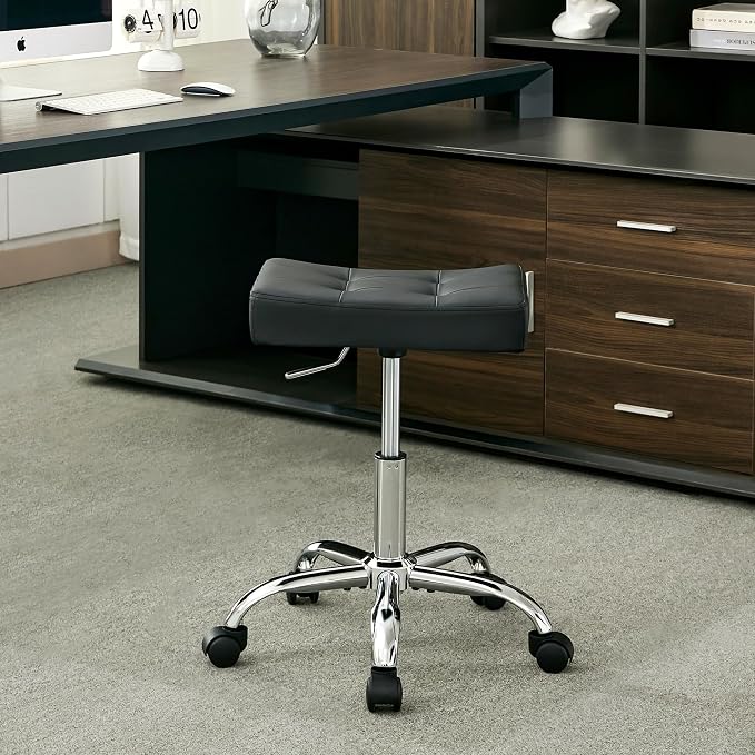 Office Stool with Wheels Black Faux Leather Workbench Stool by FIRAVOE