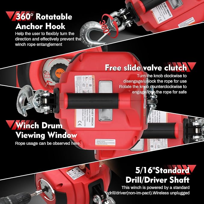 Portable Drill Winch of 1000 Lbs, Rotate The Hook 360 Degrees, - Image 3