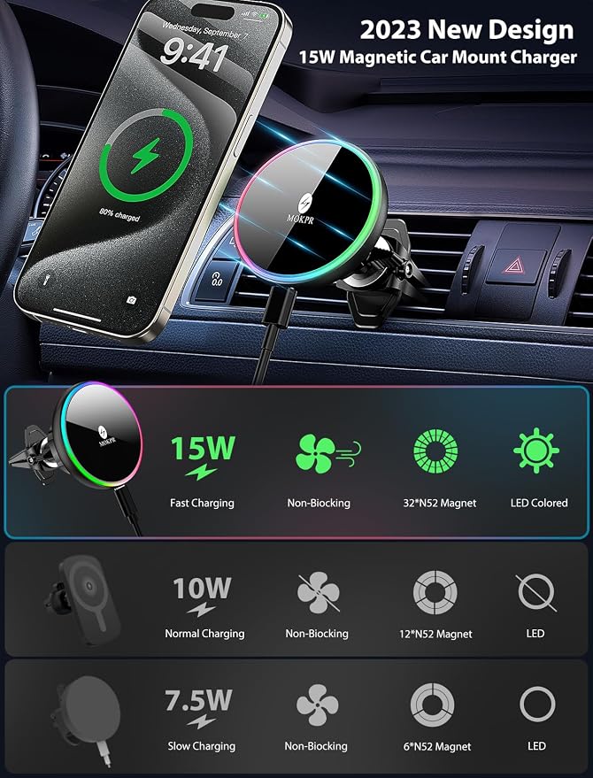 MOKPR for Magsafe Car Mount Charger-15W Wireless Car Charger-Magnetic Car Phone - Image 8