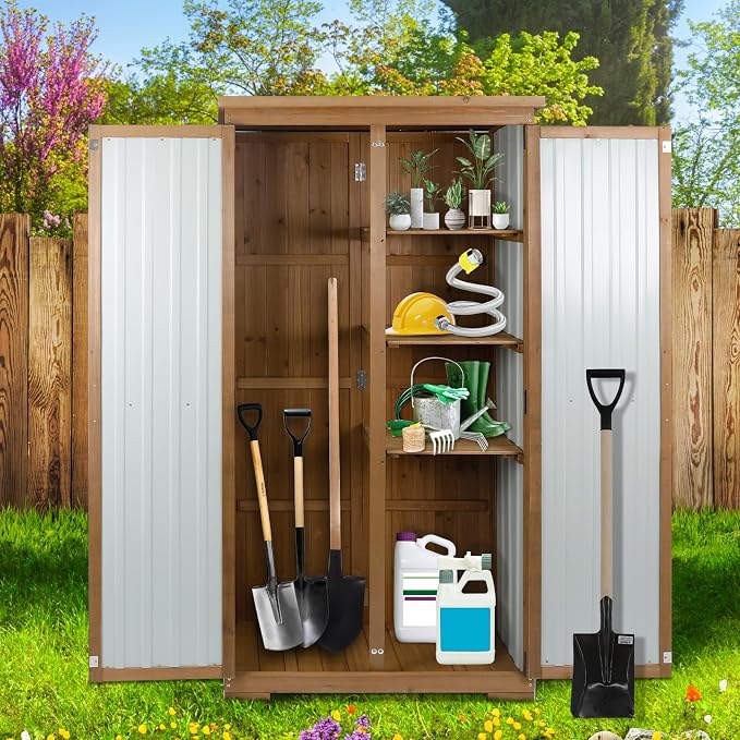 Outdoor Storage Cabinet Wood & Metal, Tall Tool Shed - Image 2