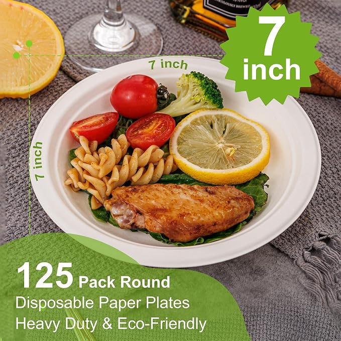 WELLIFE 100% Compostable Paper Plates 7 Inch, Biodegradable Bagasse, - Image 2