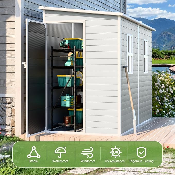 8x4x6 FT Resin Lean to Shed, Waterproof Outdoor Storage Shed - Image 4