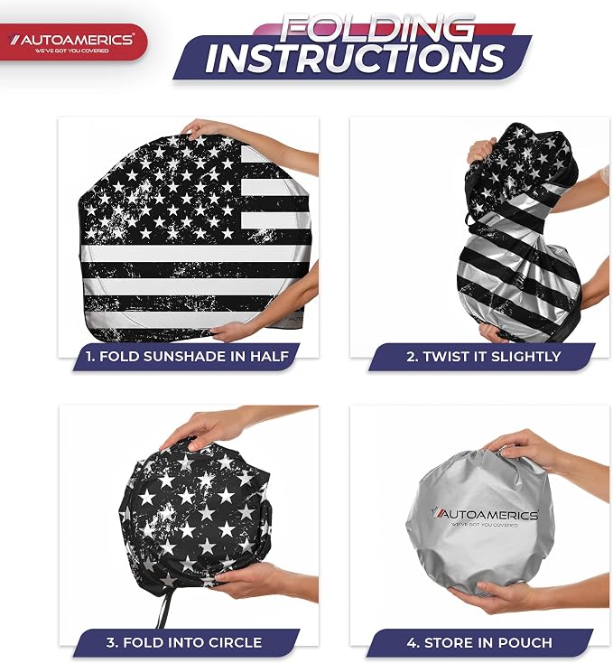 Autoamerics 1-Piece Windshield Sun Shade Grunge B&W American Flag USA Design - Image 8