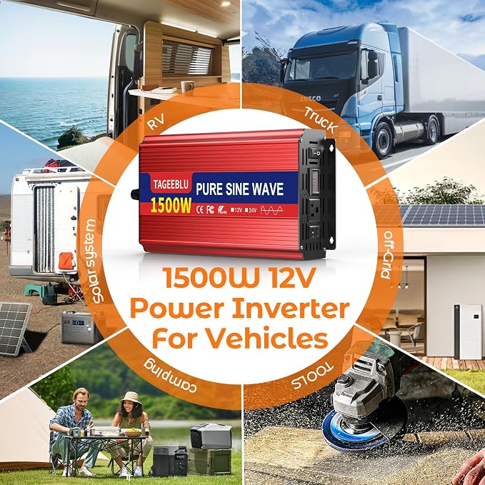 1500W Pure Sine Wave Inverter, 12V DC to 110V/120V AC Power Inverter - Image 9