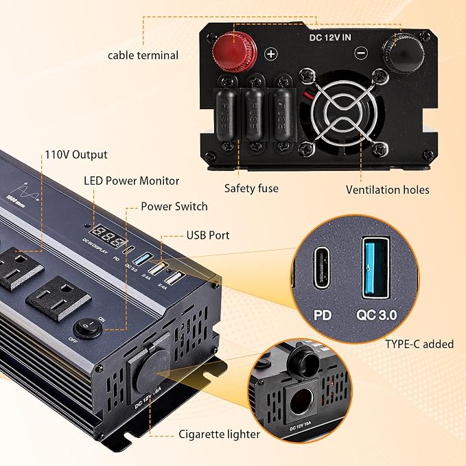 1000W Pure Sine Wave Inverter 12V DC to 120V AC Converter, 1000 Watts 12 Volt - Image 2