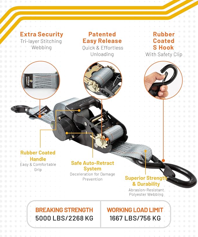 Strapinno Retractable Ratchet Tie-Down Straps, 000 lbs Breaking Strength- 2 in - Image 2