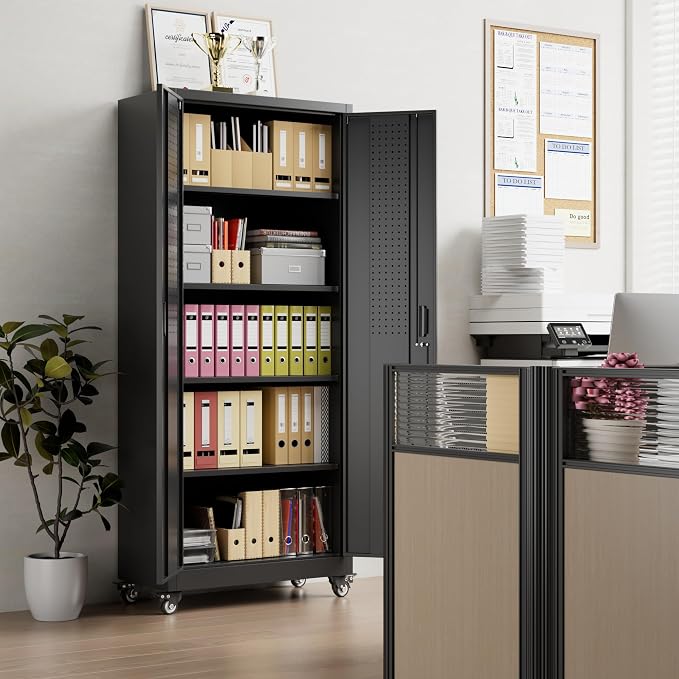 Metal Storage Cabinet with Wheels, Pegboard and 4 Hooks, Assembly Required - Image 8