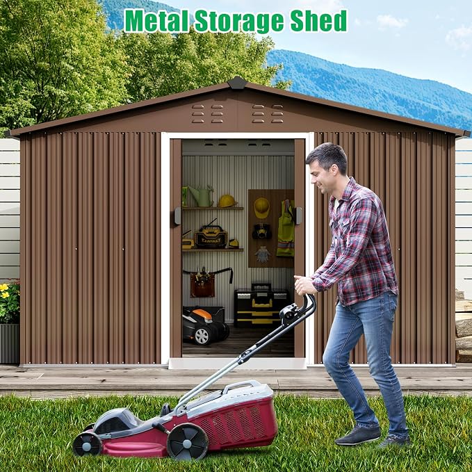 10x10 Ft Brown Metal Outdoor Storage Shed, Large Garden Shed - Image 7