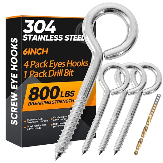 4Pcs 6 Inch Heavy Duty Screw Eyes Hooks, 304 Stainless Steel Self Tapping by YAIRMIS