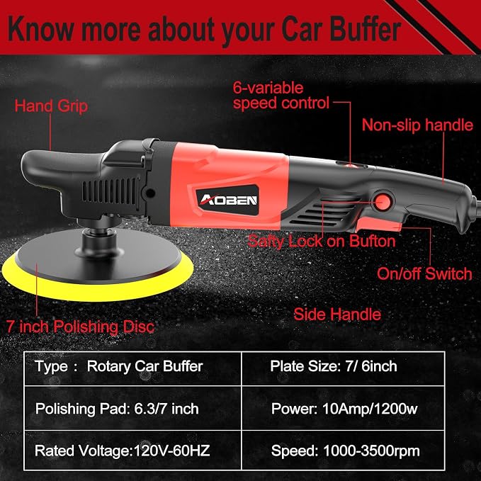 AOBEN Rotary Buffer Polisher, 1200W 6-inch/ 7-inch Car Buffer, Car Polisher - Image 2