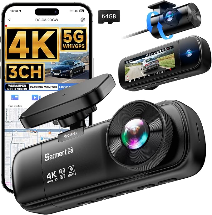 3 Channel Dash Cam, SARMERT 4K Dash Cam Front Inside and Rear by SARMERT