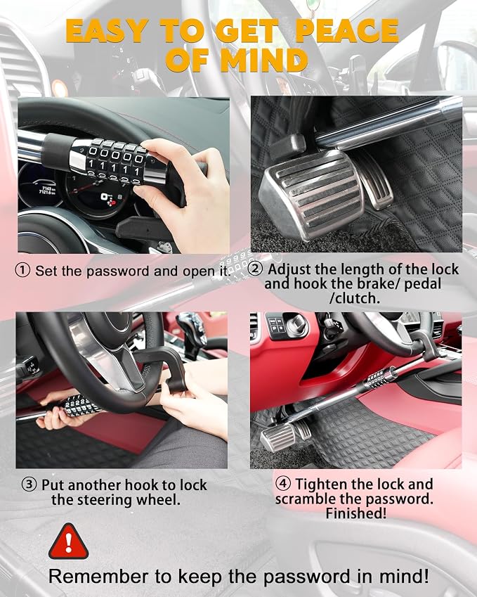 Tevlaphee Steering Wheel Lock Anti Theft Device Retractable Brake Pedal Lock - Image 5