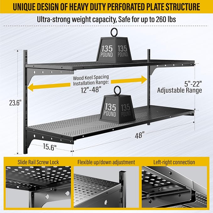 2 Tier 1.3x4ft Garage Shelving Wall Mounted, 400 lbs Load Capacity，15.6x48inch - Image 3