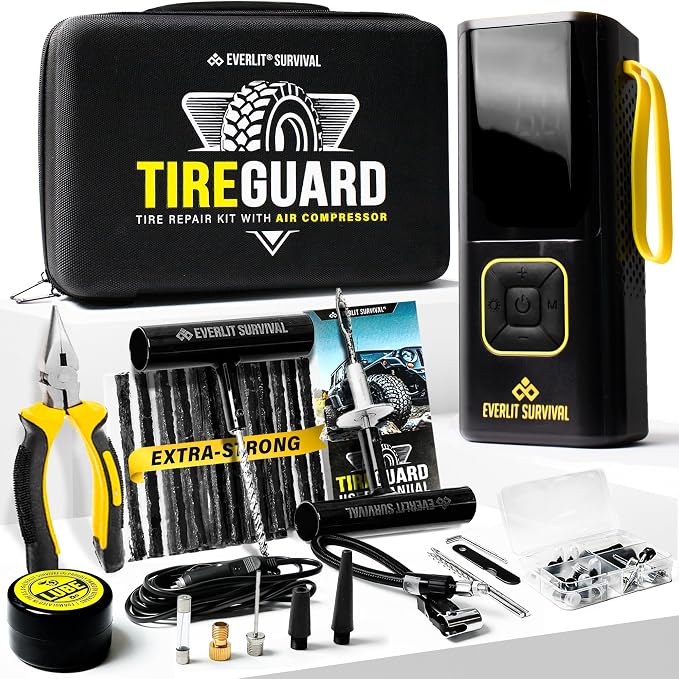 Tire Repair Kit with Air Compressor Car Emergency Kit with Universal Tire Plugs by EVERLITSURVIVAL