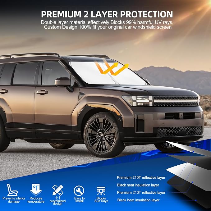 Windshield Sun Shade for H-yund-ai Santa Fe 2019-2025 2026 Foldable Sunshade - Image 3