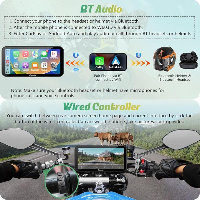Carpuride W603D Motorcycle GPS Carplay Screen, Wireless CarPlay & Android Auto - Image 4