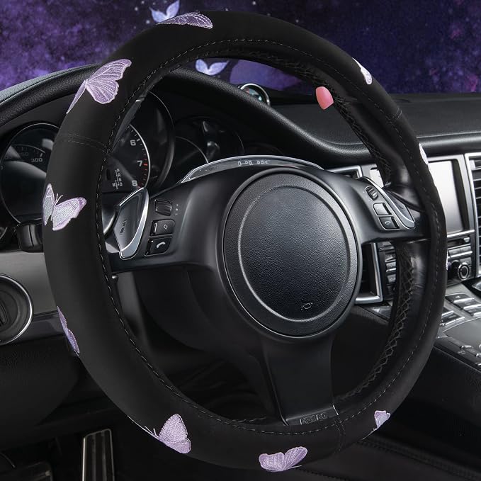 Car Pass Purple Embroidery Butterfly Steering Wheel Cover, Universal 15 Inch by CARPASS