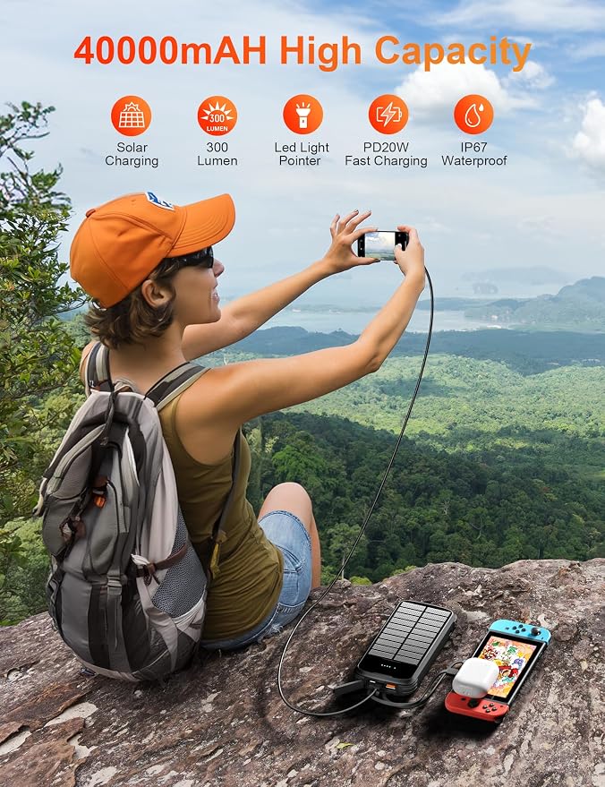 Solar Charger Power Bank, 40000mAh Portable Phone Charger Built in 4 Cables - Image 2