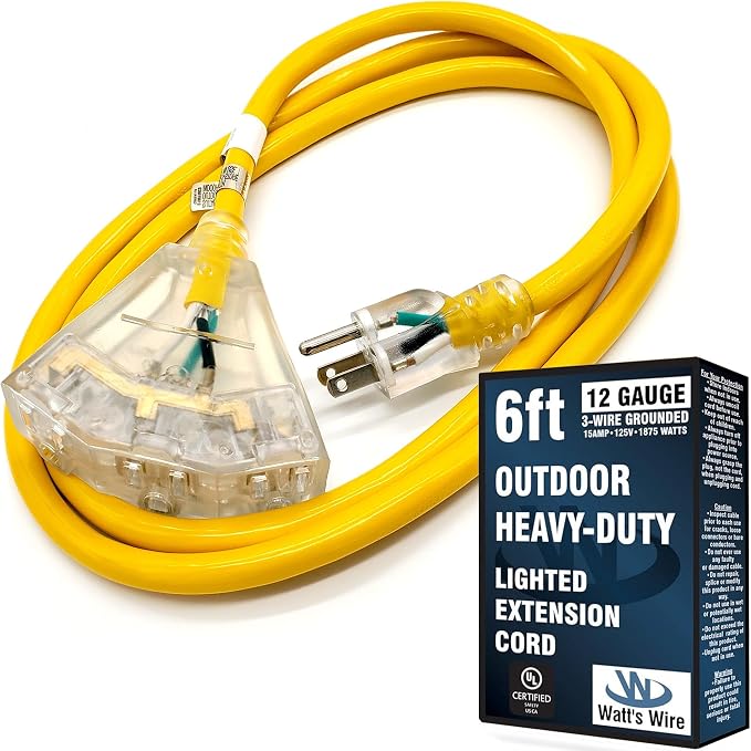 6 ft - 12 Gauge Heavy Duty Extension Cord - 3 Outlet Lighted SJTW - by WattsWire
